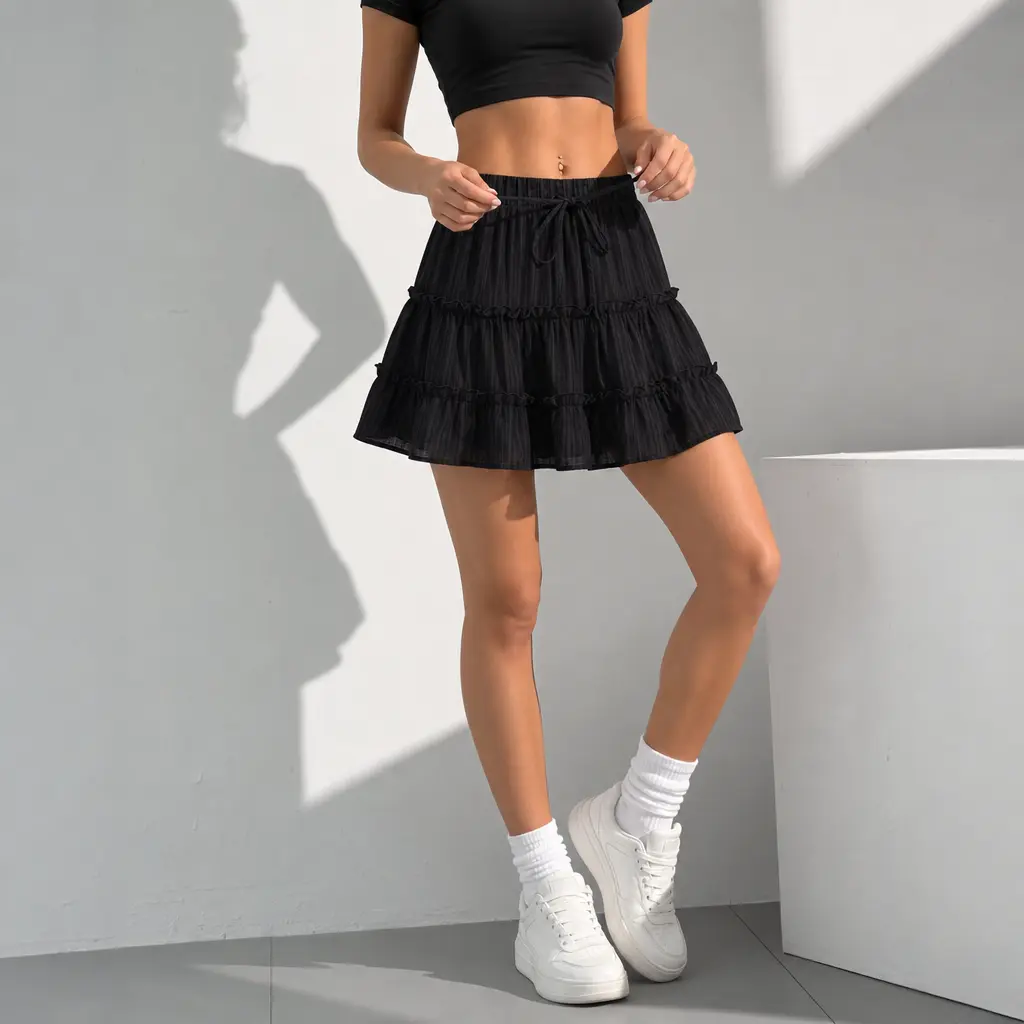 Women's Summer boho skirt with shorts, High Waist Tie Ruffle Cute Beach Knee Length Skirts with Shorts Underneath