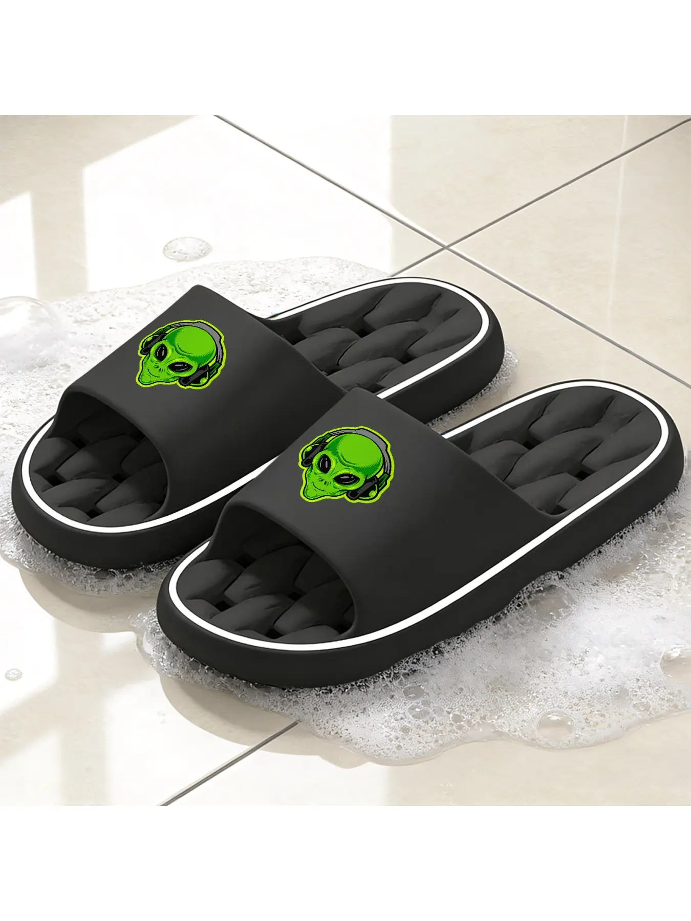 Cool Alien Headphone Drain Slippers | Quick Dry Non-Slip Shower Slides