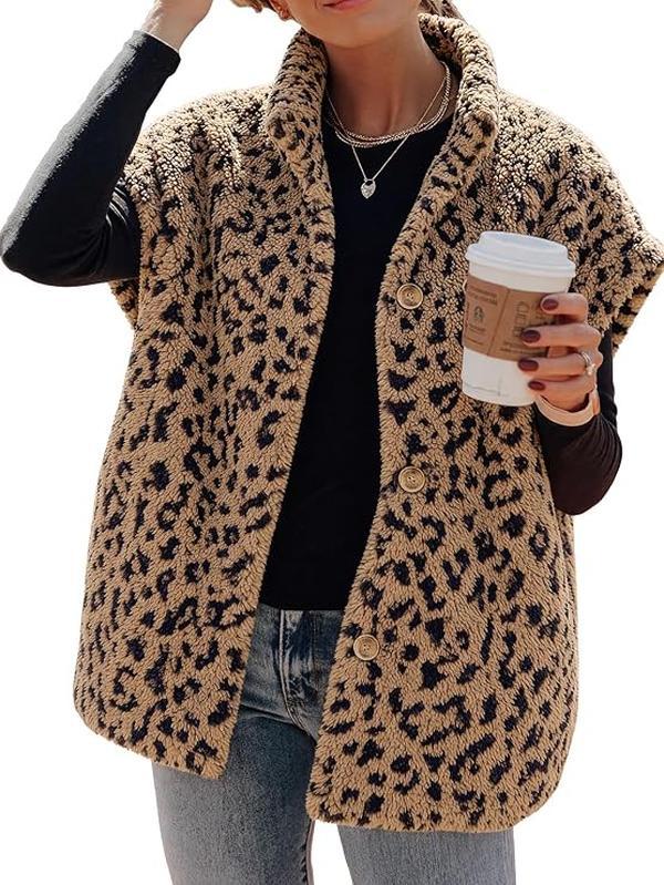 Tankaneo Women's Fuzzy Polyester Sherpa Vest - Oversized Loose-Fit Button Front High Neck Sleeveless Outerwear with Pockets, Solid/Striped/Leopard Print, Fall Winter Vests for Women