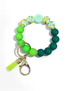 Boho Style Checkerboard Pattern Silicone Beaded Keychain, Cute Flower & Smile Face Charm, Trendy Fashion Accessory for Women & Men