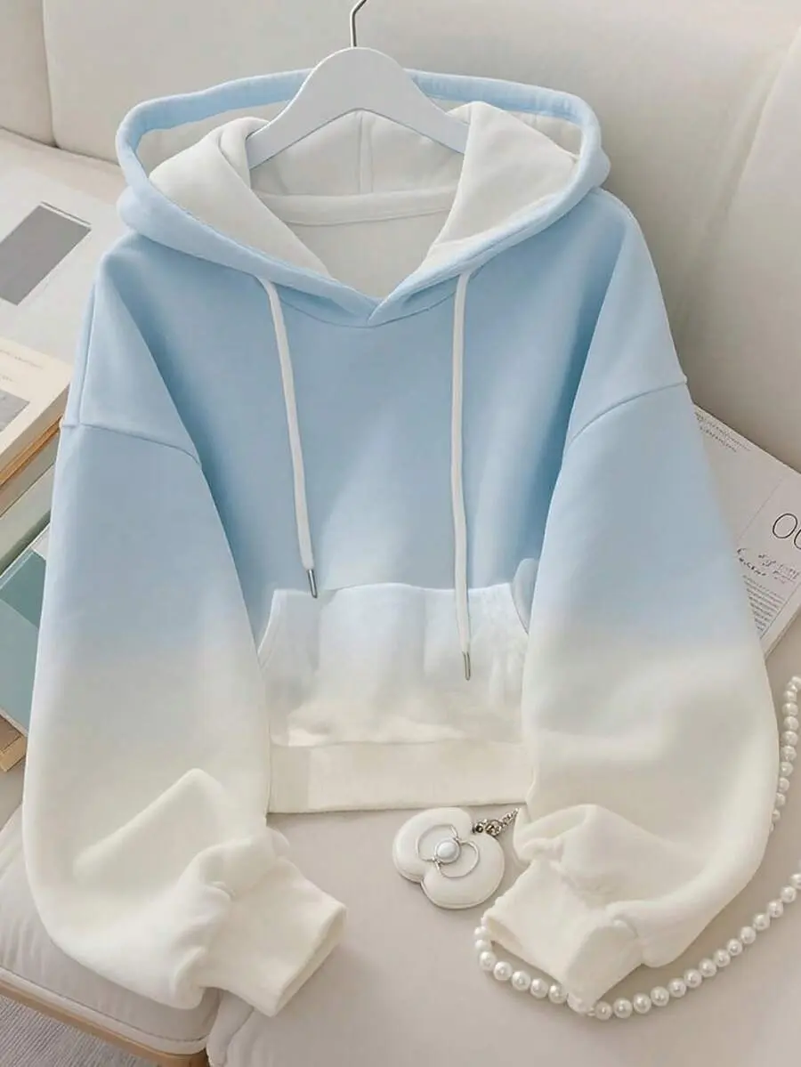 Blue Ombre Pattern Digital Print Fashionable Minimalist Women Hoodie Long Sleeve Sweatshirt, Gift For Friends, Autumn/Winter