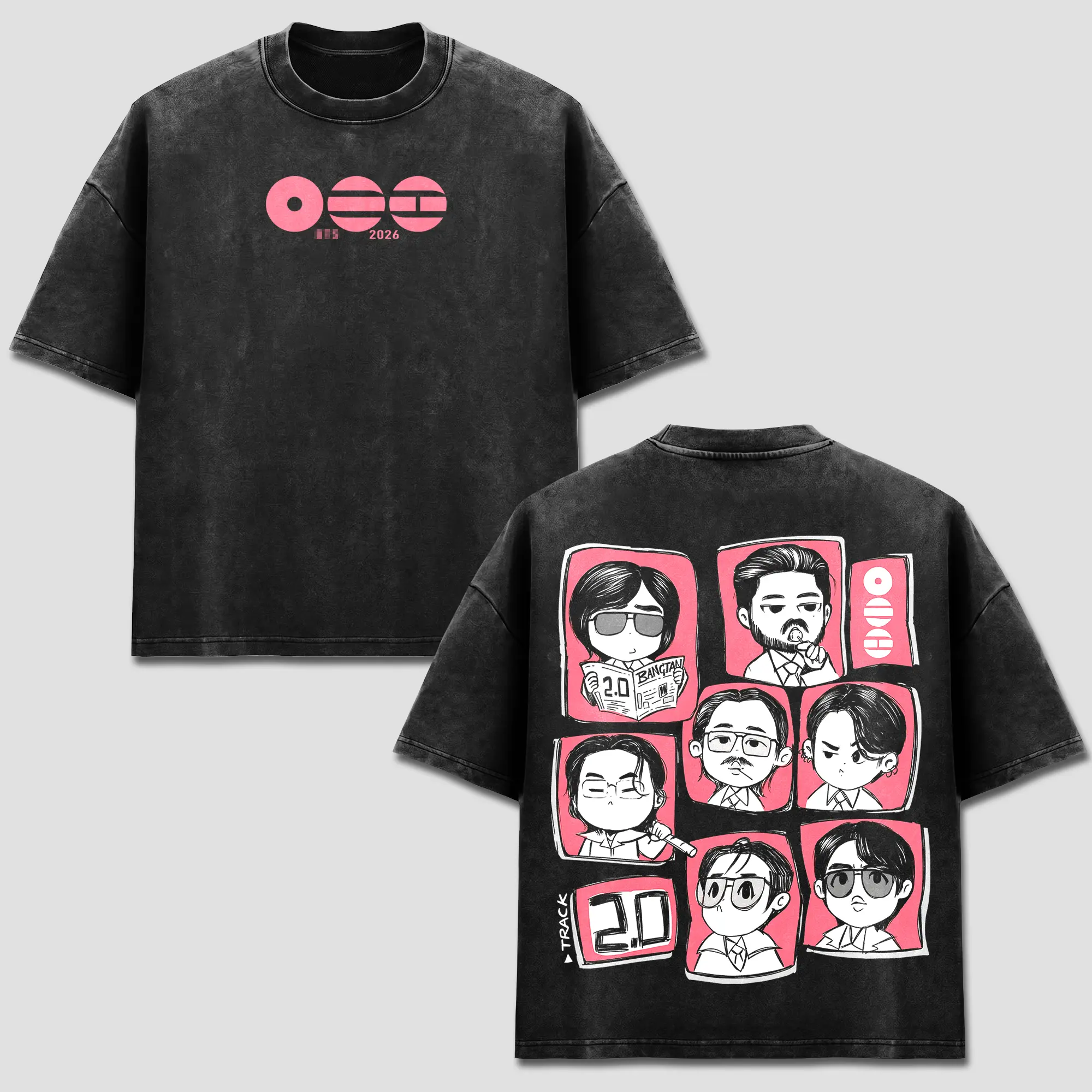 Bangtan Boys Kpop Track 2.0 Tee, RM Jin Suga J-Hope Jimin V Jungkook Members Cartoon Graphic, Cute Pink Anime Portrait, Vintage Bootleg Style, Retro Acid Washed, US Unisex Casual Oversized Heavyweight Outfits Washed Black Streetwear Cloth