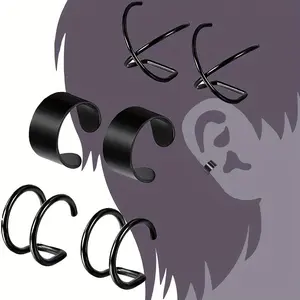 3 Pairs Stainless Steel Ear Cuffs & Clip-on Earrings, Black Piercing-Free Cartilage Ear Cuff Clip Combo Set