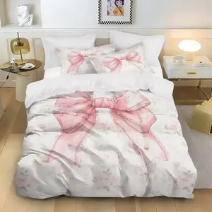 3-Piece Bedding Set with Bowknot Floral Print, Soft Comfortable Fabric, Zipper Design, Ideal for Bedroom Hotel Valentine Gift, Soft Bedding Sets
