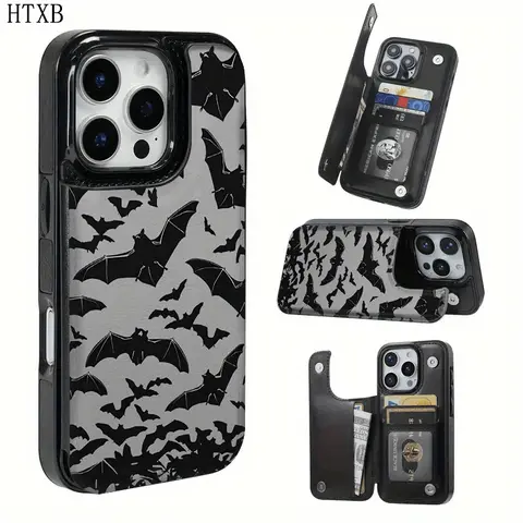 Cool Bat Wallet Phone Case for iPhone 18/17/16/15 Pro Max 14 Plus/13/12/11 Pro Air Unique Dark Pattern Card Holder
