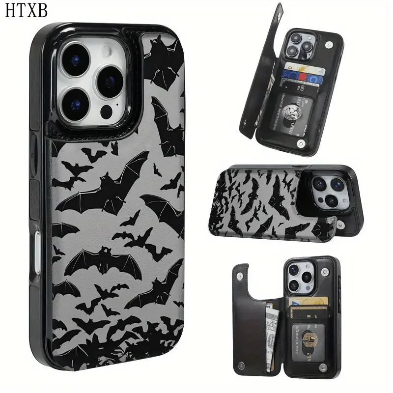 Cool Bat Wallet Phone Case for iPhone 18/17/16/15 Pro Max 14 Plus/13/12/11 Pro Air Unique Dark Pattern Card Holder
