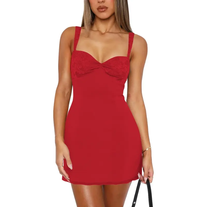 Women's Summer Mini Dresses Sleeveless Sexy Square Neck Lace Splicing  Cocktail Party Straps Bodycon Dress - TikTok Shop