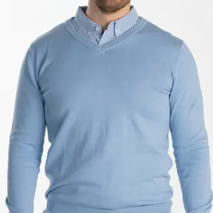 Men’s Light Blue Sweater with Light Blue Gingham Collared Shirt