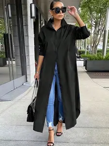 A women's black fashionable long jacket, suitable for commuting, shopping, and outdoor wear