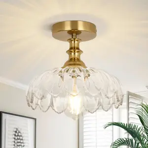Vintage Semi Flush Mount Ceiling Light | Amber/Green/Clear/White Glass Flower Lamp | Boho Lighting for Hallway Kitchen Bedroom Porch，E26，Bulb not included
