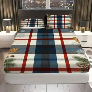 3Pcs Christmas Plaid Pine Fitted Sheet Three Piece Set (1*Fitted Sheet+2*Pillowcases, Coreless), Holiday theme, Winter Cozy Bedding Set, Mattress protector Soft, Breathable