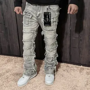 Rise Denim Stacked Flare Straight Fit Men's Jeans with Distressed Look & Cargo Pockets for Urban Style Extra-Long Inseam Soft Stretchy Denim