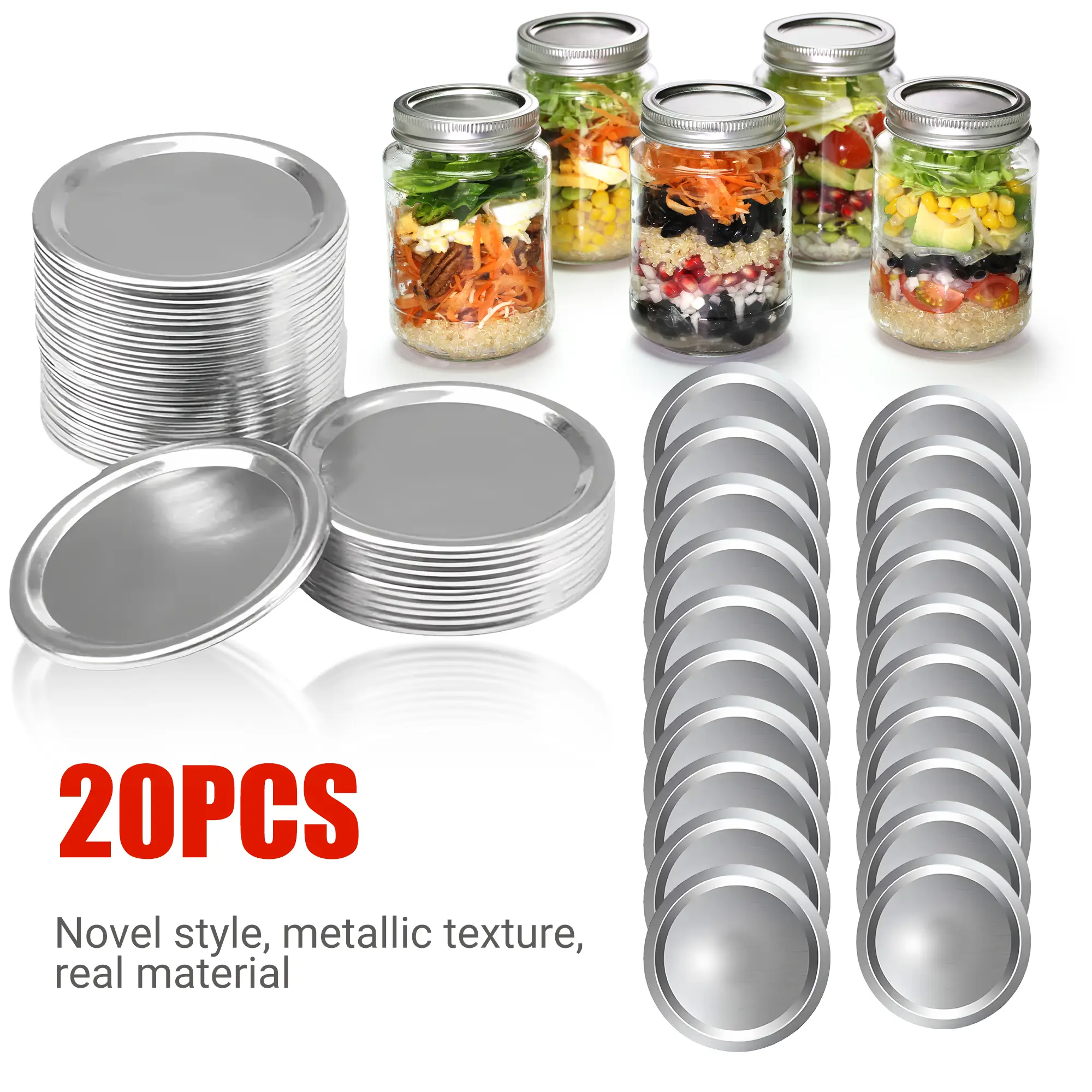 20PCS Mixed Mason Jar Lids Set 2.8Inch 3.4Inch Regular Wide Mouth Airtight Food Safe Caps Kitchen Essentials with Leakproof Seal for Canning Storage Kitchen Gadgets Novel Style Metallic Texture Real Material Utensils