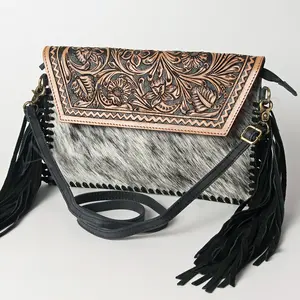 American Darling Western Envelope Bag, Hand Tooled Floral Leather & Hair-On Cowhide Crossbody with Fringes, 7in (H) X 12in (W)