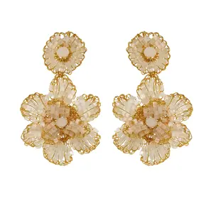 Crochet clear beads flower earrings - Handmade gold earrings inspired by nature, Floral earrings for spring