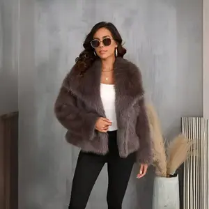 Women’s Short Fluffy Plush Faux Fur Coat with Large Lapel in European and American Style
