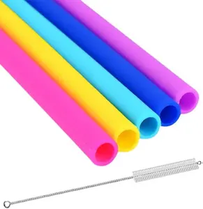 Reusable Silicone Drinking Straws - Set of 5 - BPA Free - Free Cleaning Brush Included - 10" Long Extra Wide Fat Straws - Great Gift for Smoothies & Bubble Tea Lovers