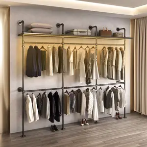 Industrial Heavy-Duty Metal Hanging LED Clothes Rack with RGB Lights, Space-Saving Wall-Mount L-Shaped Steel Closet Organizer Wardrobe System for Bedroom, Walk-In Closet (118.3" L x 15.7" W x 90.55" H) - Installation & Floor Standing Display