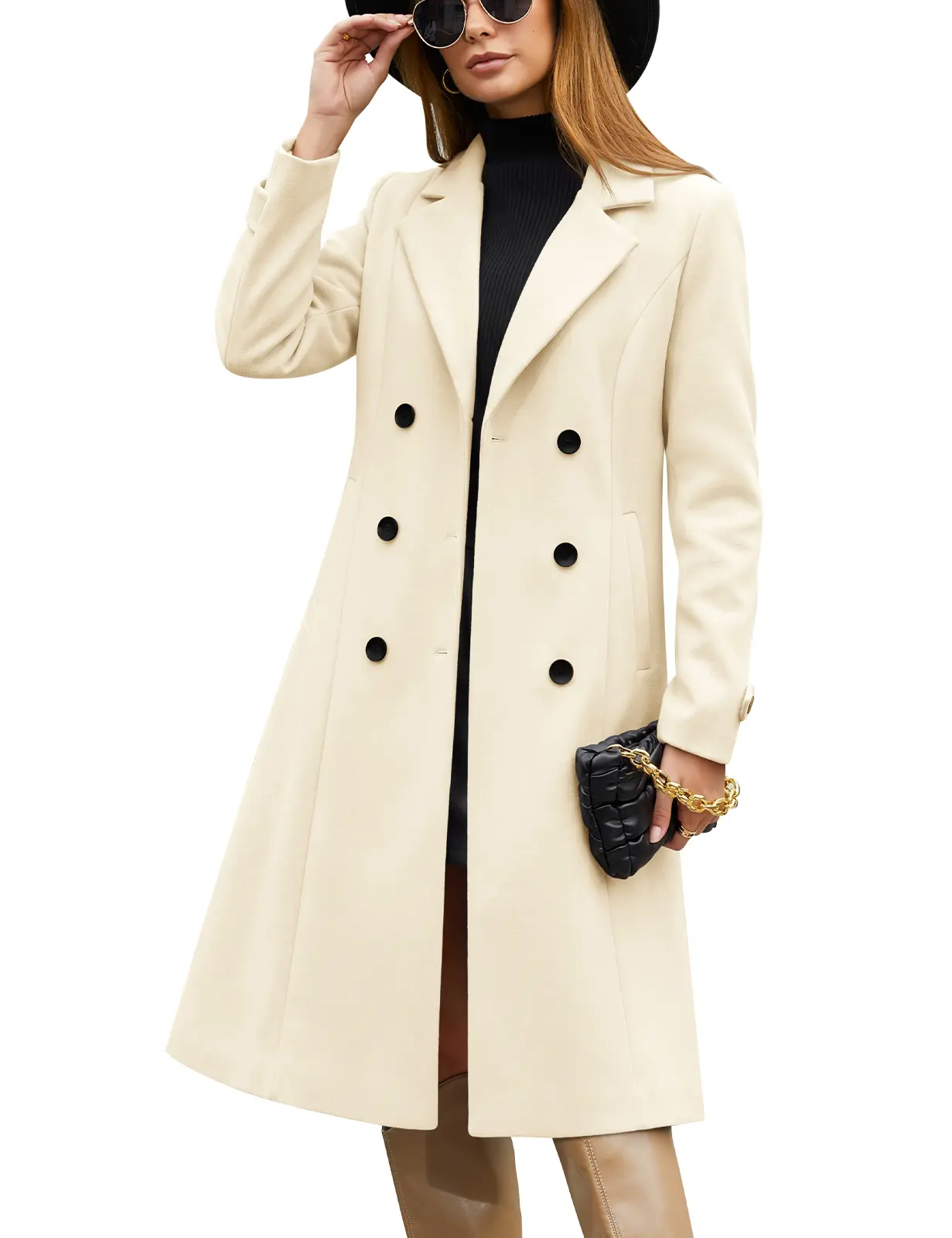 Women's Pea Coat Fall Winter Trench Jacket| Long Double Breasted Wool Overcoat Notched Lapel, Tailored Slim Fit, Elegant Outerwear