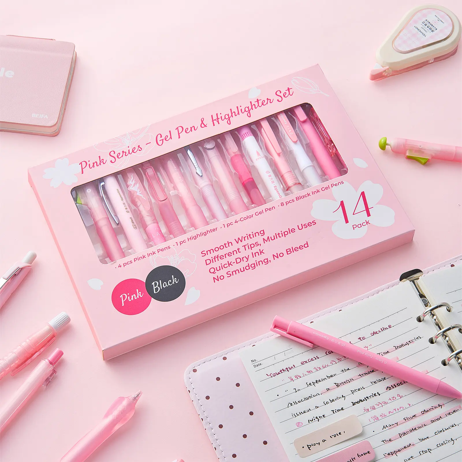 EpenGo 14-Pieces Pink Multi-Tip Smudge-Free Gel Pen & Highlighter Set, Aesthetic Cute Office Stationery Kit for Students & Office Use