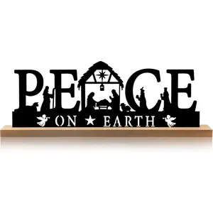 Black Metal Nativity Scene Set with Wooden Base Ideal for Christmas Home Decor, Office Desk Ornaments (Peace on Earth)