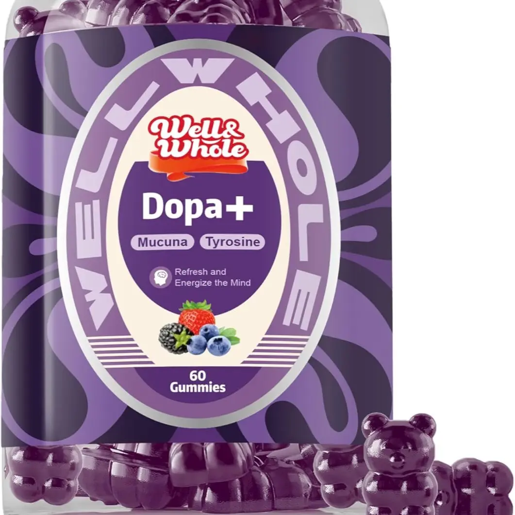 Well&Whole Natural Dopamine Chewable Dietary Supplements for Mood, Focus, Energy Boost - 500mg Mucuna Pruriens, 200mg L-Tyrosine, Ashwagandha, Kanna Extract, Zinc, Vitamins B, Metabolism Support - 60 Adult Gummy Form Pieces