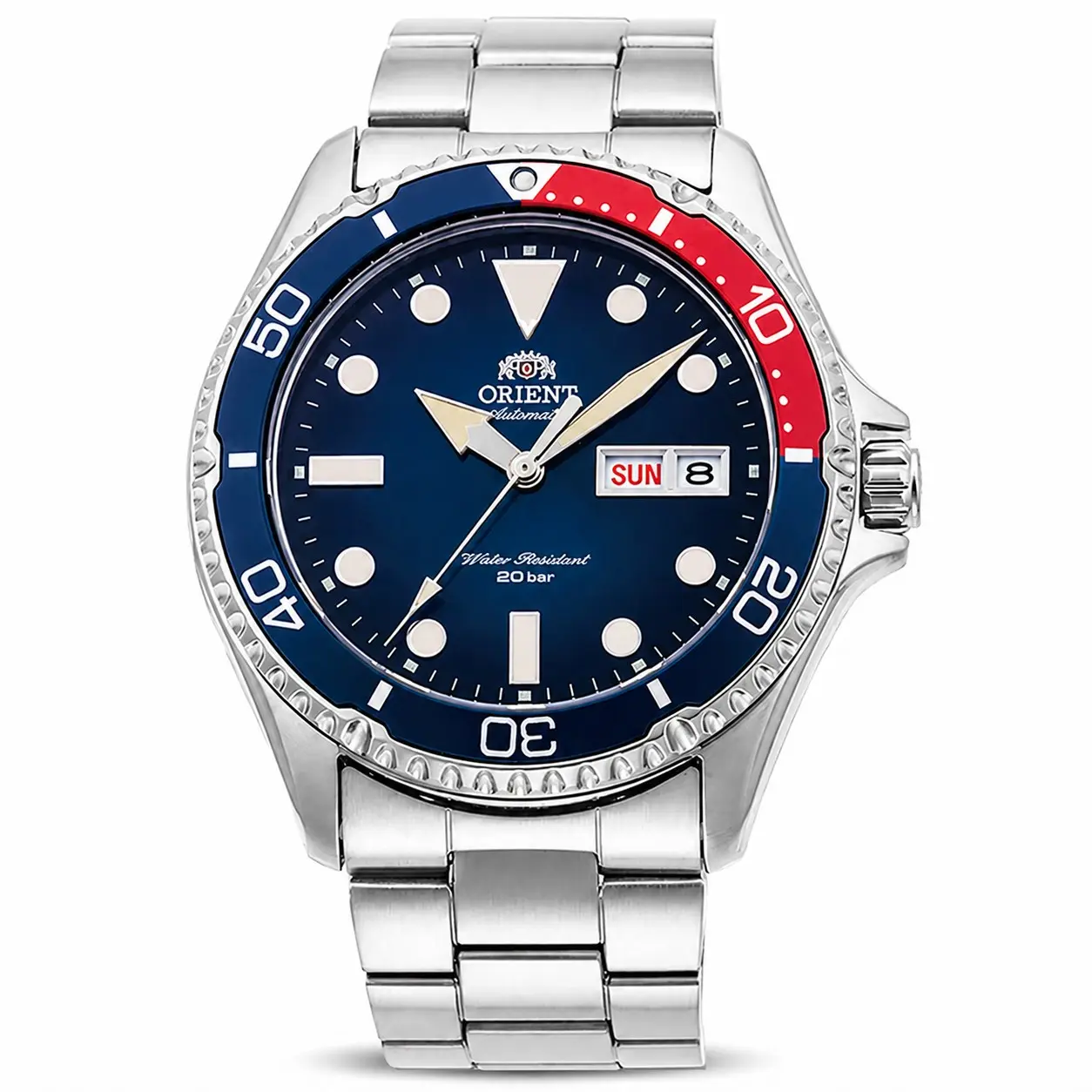 Orient Men's Stainless Steel Automatic Mechanical Diver Watch - Pepsi Red-Blue Rotating Bezel, Blue Luminous Dial, Day-Date Display, 20Bar Water Resistant, Sports Wristwatch, Cool Gift for Gentlemen