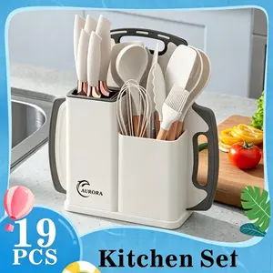 【Spring Promo】2026 Limited Edition White & Pink 19-Piece Kitchenware Set | Heat-Resistant Silicone Utensils (6-Piece) + Sharp Knife Set | Includes Cutting Board, Knives, & Cooking Tools