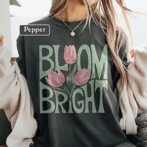 Comfort Colors Boho Flower Tshirt, Floral Design Tee, Bloom Bright Inspirational Quote Graphic Tee Women, Vintage Retro positive Quote Tshirt, Bohemian Tee