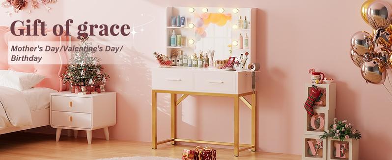 Furmax Vanity Desk with Mirror and LED Light Bulb, Small Makeup Vanity Table with Drawers, Dressing Table with Power Outlet and Hair Drayer Holder for Bedroom Furmax Vanity Desk with Mirror and LED Light Bulb, Small Makeup Vanity Table with Drawers, Dressing Table with Power Outlet and Hair Drayer Holder for Bedroom