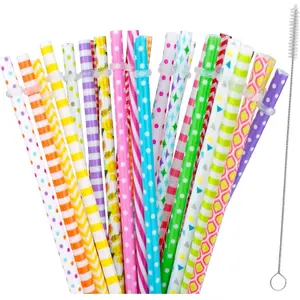 30 Pieces Reusable Plastic Straws BPA-Free 9" Colorful Printing Hard Platic Stripe for Mason Jar Tumbler Family or Party Use Cleaning Brush Included(Random Pattern) (Straight)