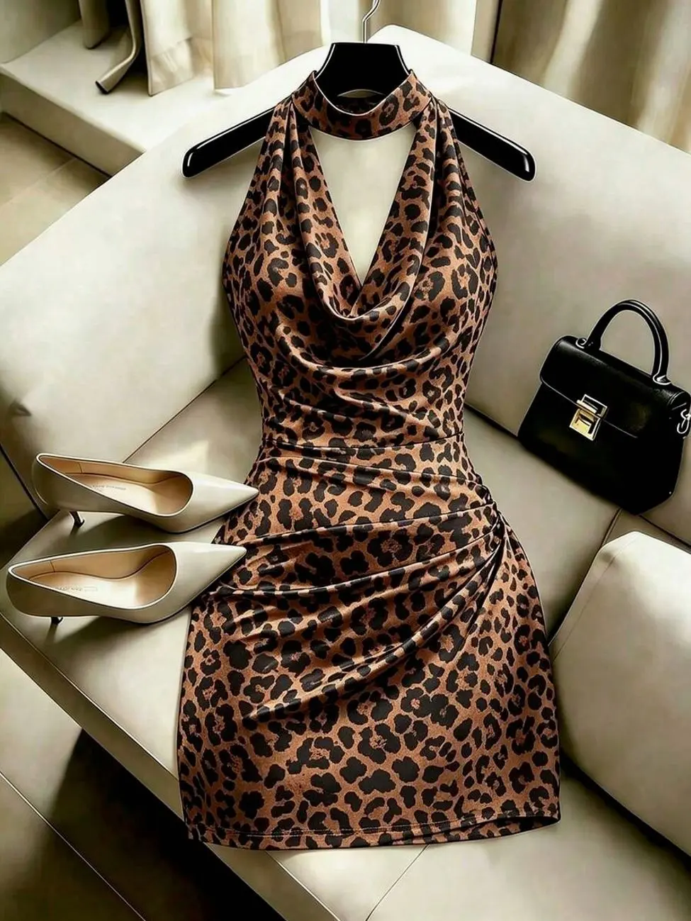 👗 Elegant Bodycon Mini Dress, Stylish Draped Neck Dress For Weddings, Parties And Summer Fashion.