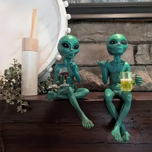 2PCS Green Alien Drinking Resin Figurine with Red Wine & Beer - Green-Skinned Alien Collectible Statue / Sci-Fi Decor for Living Room, Office, Bookshelf - Unique Gift for Fans & Xenomorph Lovers, Collectible Figurines (Resin Collectible)