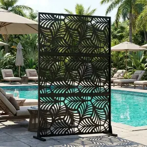 72" h × 47" w Outdoor Privacy Screen, Laser Cut Metal Garden Divider Panel with Tropical Leaf Design, Freestanding Weatherproof Privacy Fence for Patio Deck Backyard Balcony-Petal Pattern