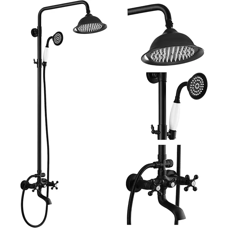 ATSHOWER Matte Black Shower System Bathroom Exposed Shower Faucet Set with 8 Inch Shower Head Handheld Spray and 360 ° Rotation Tub Spout 2 Cross Handles Outdoor Shower Fixtures