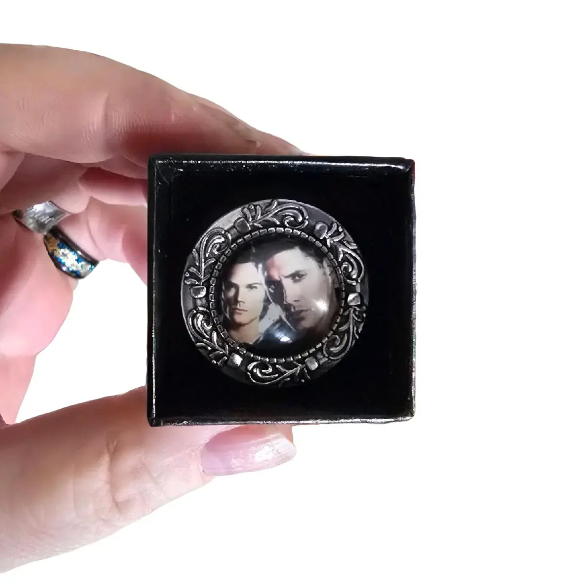 Sam and Dean Ring Fan Art Adjustable - Black Box with Circular Design