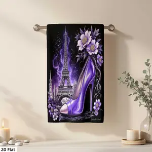 1Pc Purple themed with High heel Shoe and Eiffel Tower Bathroom Hand Towel Bath Towel, Multiple Size Microfiber Towel, Ultra-Soft Quick Dry and Absorbent Polyester Large Bath Towel, Unique Home Decorative Kitchen T, Decorative Towels