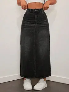 Washed High Waist Maxi Denim Skirt - Casual Everyday Essential
