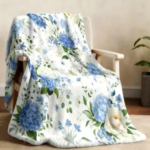 1 piece watercolor blue hydrangea white rose element flannel throw blanket suitable for sofa bedroom travel and other occasions soft skin-friendly cover blanket