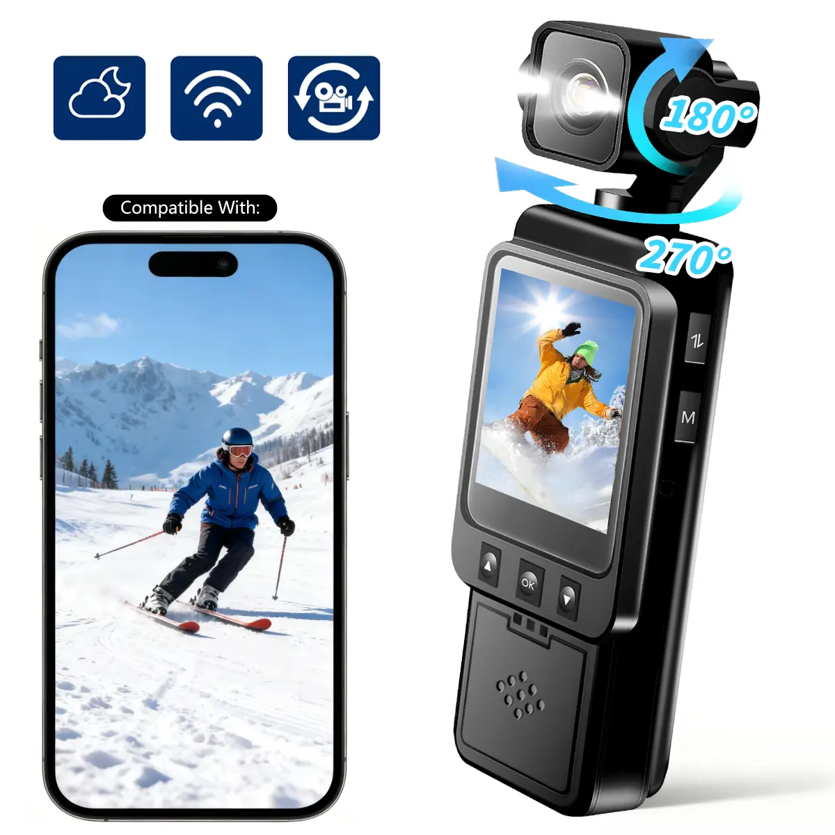 Outdoor Action Camera, 1080P HD Body Cam with 270° Rotatable Lens, Night Vision, Loop Recording, WiFi APP Control, Pocket Body Camera, Mini Action Camera, Sports DV Camera for Outdoor Travel Vlog & Sports & Daily Vlogs