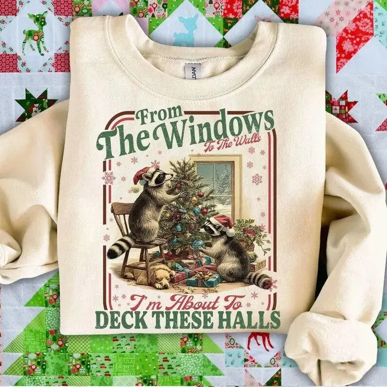 Funny Christmas Shirt Deck These Halls Raccoon – Printed Graphic Holiday Song Parody T-Shirt Sweatshirt Casual Outerwear