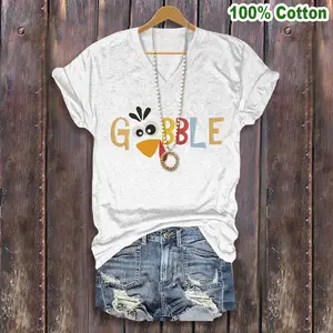 Cherrybetty Women's Cotton Thanksgiving Gobble Print V-Neck T-Shirt Casual Shortsleeve T-Shirt for Holiday Wear Lady Chit Merch Fun Turkey Design  2000s Cute Clothes