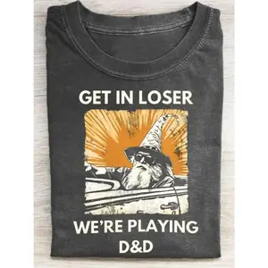 Men's Funny Dungeons & Dragons T-Shirt - Get In Loser We're Playing D&D Graphic Tee - Dark Gray Retro RPG Shirt with Wizard Design