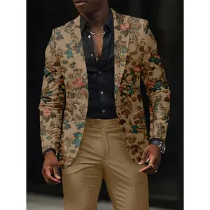 Men's Slim Fit All Over Print Blazer, Long Sleeve Hip Hop Style Polyester Jacket for Party & Nightclub Wear