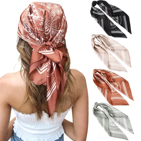 AWAYTR 27.5" Silk-Like Square Head Scarf 4Pcs/Set Satin Square Head Scarves for Women Bandanas Headbands Head Wraps Hair Kerchief