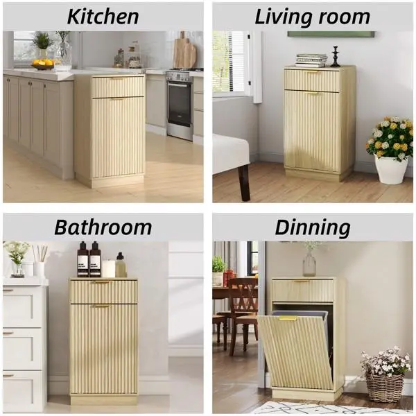 Oak Finish 10-13 Gal Tilt-Out Trash Can Cabinet - Compact Farmhouse Look Modern Rustic Wave Surface Pattern Woodgrain Hidden Waste Bin Storage with Drawer, Multi-Purpose Freestanding Organizer for Kitchen, Bathroom, Wave Texture