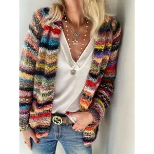 Womens Fashion Clothes Female Knitted Coat Rainbow Striped Soft Fabric Long Sleeve Cardigan Knitwear Jacket for Spring Fall, Red/Blue, S/M/L/XL/XXL