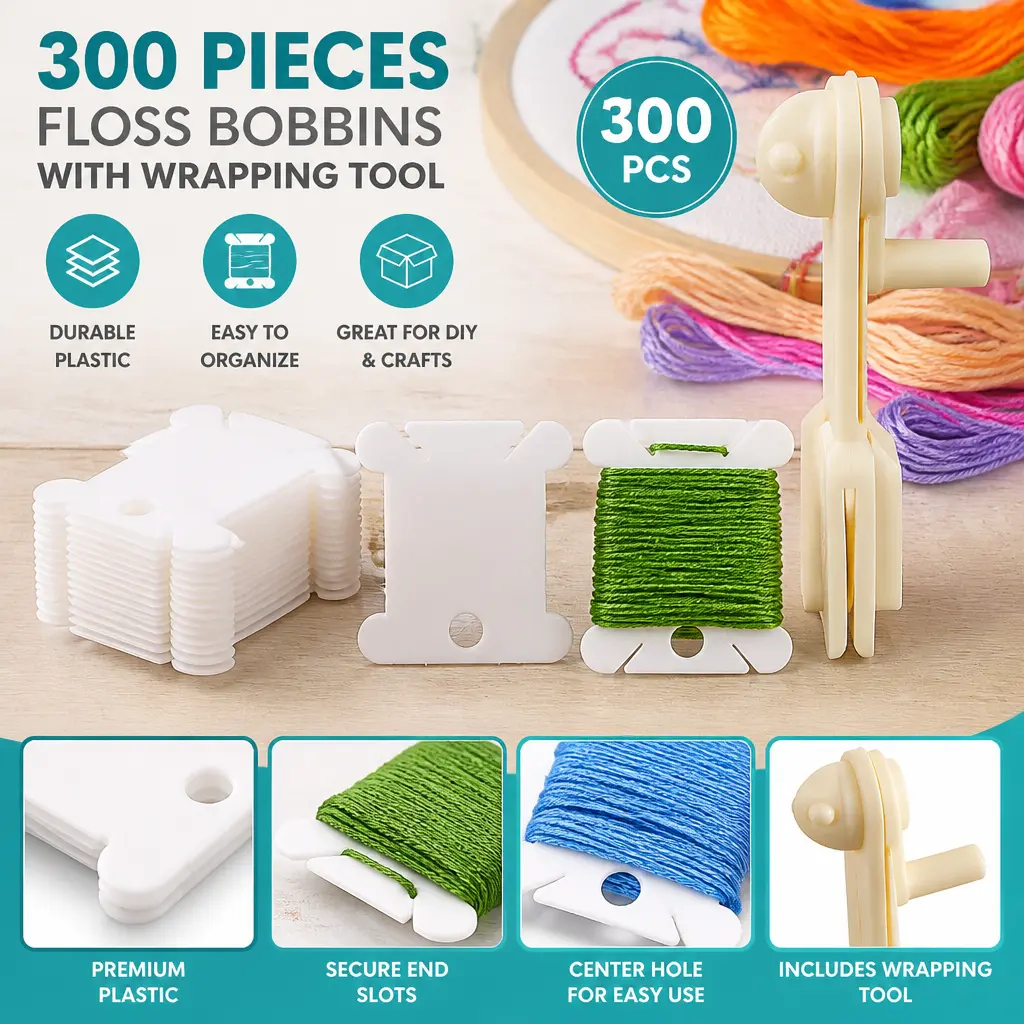 Compact Plastic Floss Bobbins Set (300pcs, 1.5"x1.4") with 1 Winder - Fast Winding Thread Organization Tool for Cotton Thread, Craft Projects - Sewing, Embroidery Cross Stitch Organizer (Mid-Year Sale Deals)