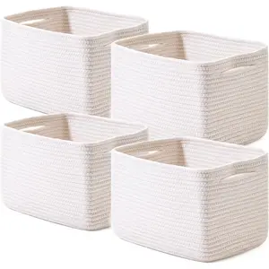 Woven Storage Baskets for Organizing, Cotton Rope Storage Basket Bin with Handles for Shelves, 4 Packs Off White, Size 12.5"Lx9.1"Wx7.9"H