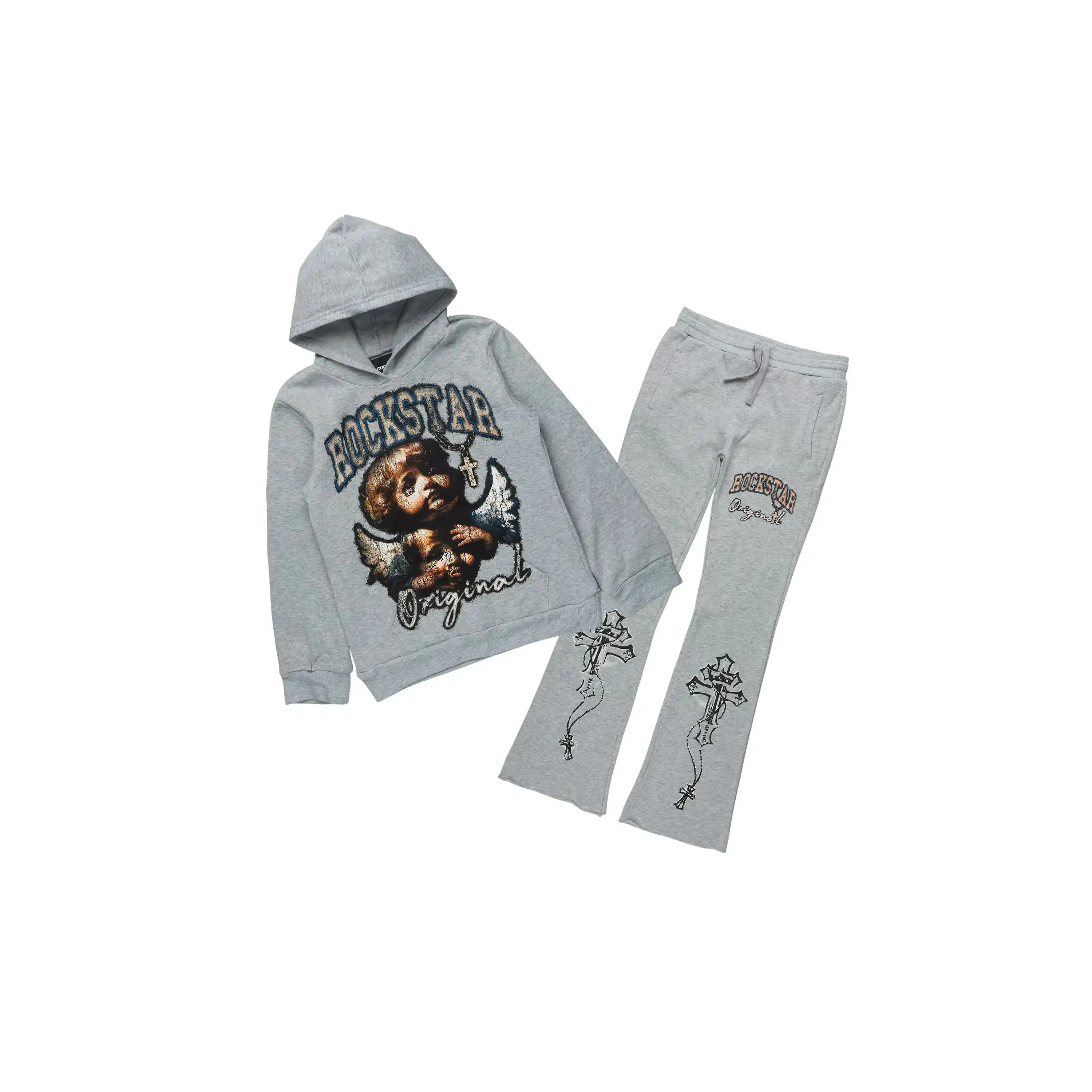 Boys Deiter Heather Grey Hoodie/Stacked Flare Track Set Boys Deiter Heather Grey Hoodie/Stacked Flare Track Set
